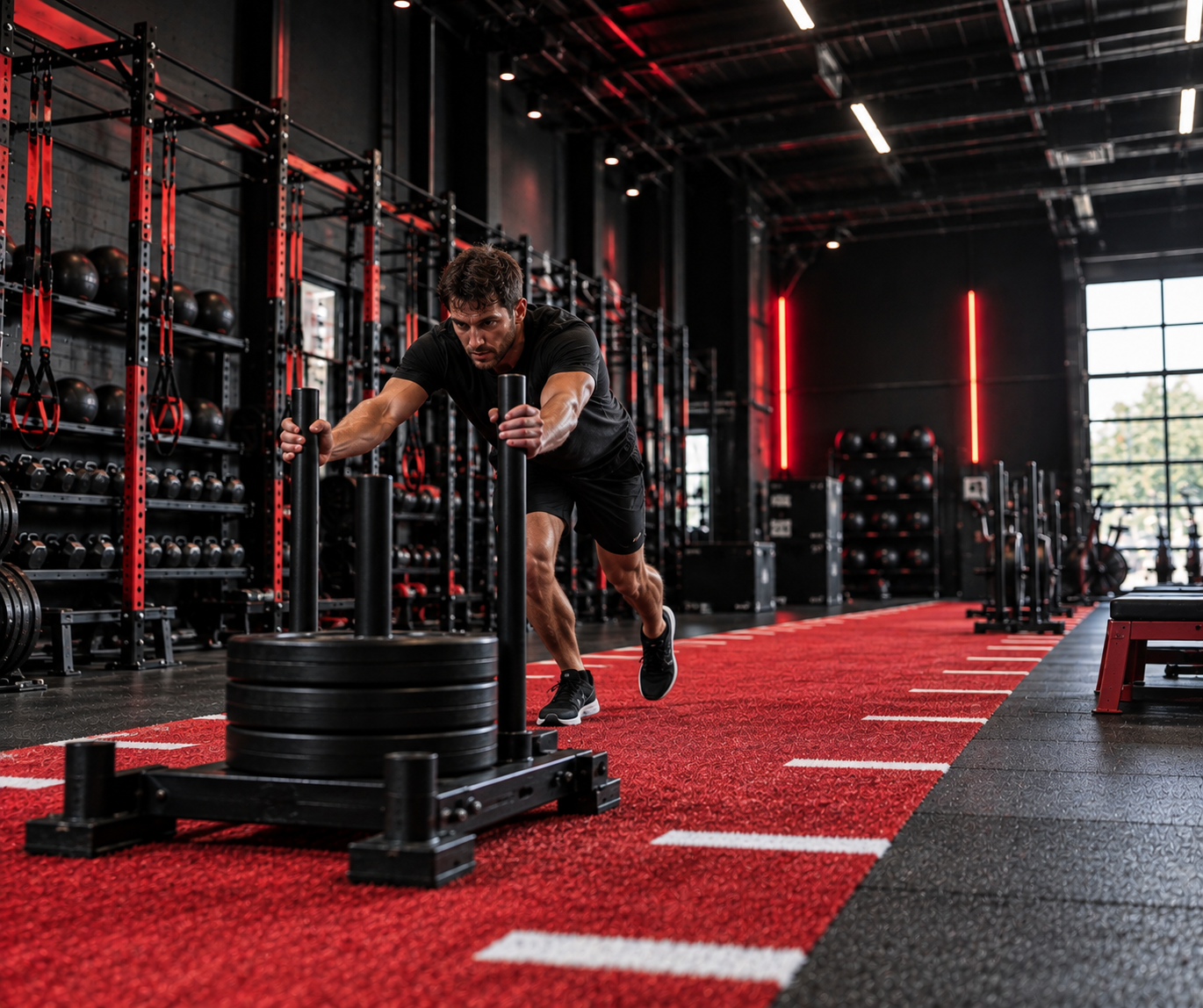 Blitz45 member performing a sled push on the turf