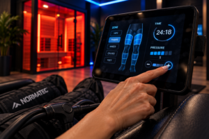Close-up of a NormaTec compression chair control tablet with the infrared sauna glowing in the background."