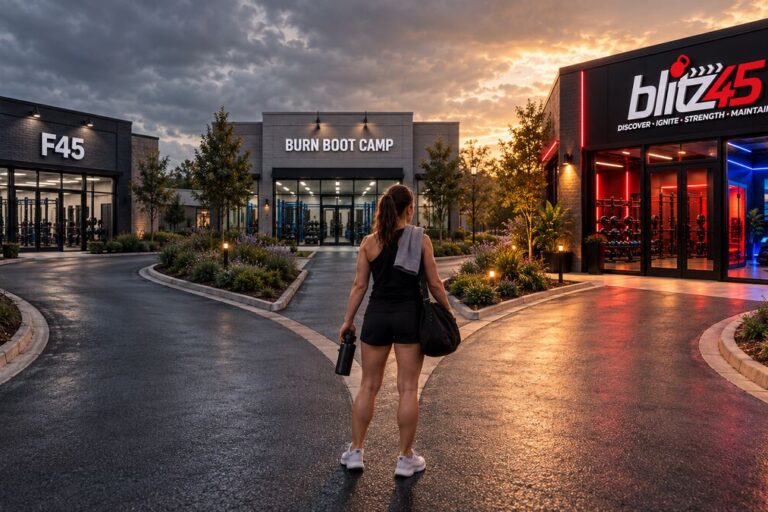 Person standing at a fork in the road choosing between F45, Burn Boot Camp, and Blitz45 gym paths