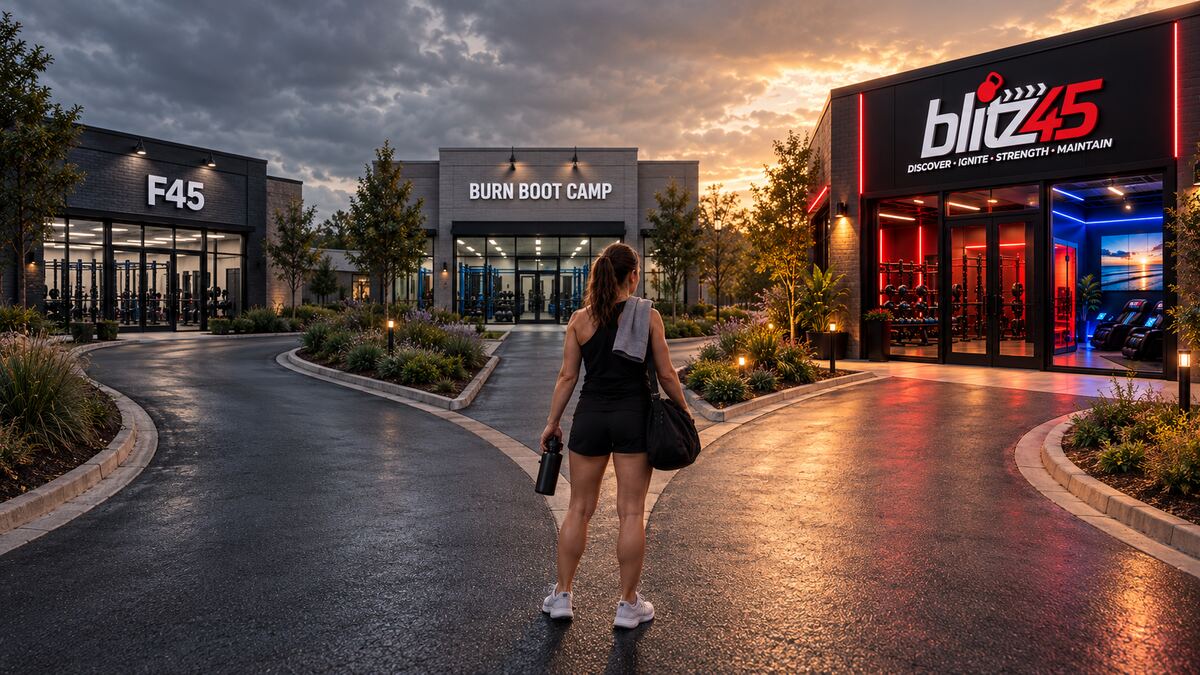 Person standing at a fork in the road choosing between F45, Burn Boot Camp, and Blitz45 gym paths