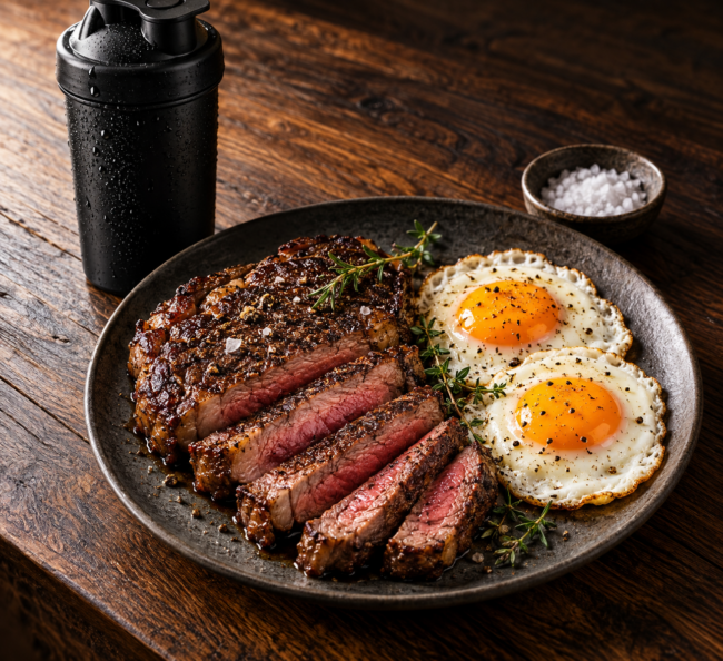 Steak and eggs plated on a wood table, a classic high-protein meal.