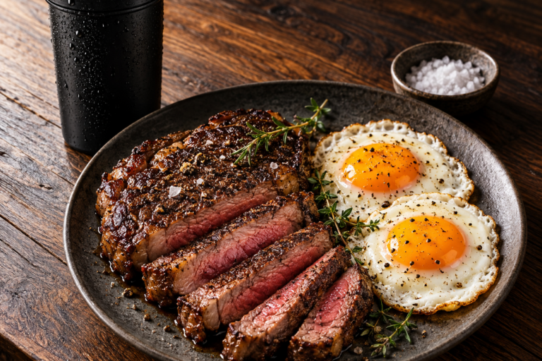 Steak and eggs plated on a wood table, a classic high-protein meal.